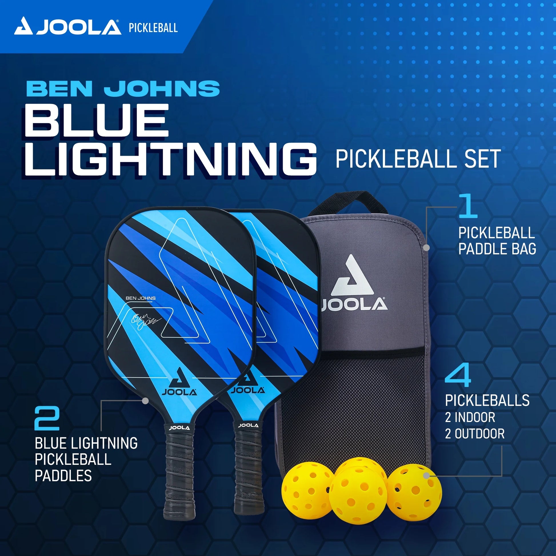 Ben Johns Blue Lightning Pickleball Set: Includes 2 Fiberglass Paddles with Honeycomb Core, Paddle Bag, and 4 Balls